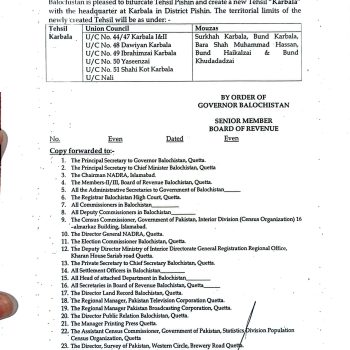 Bifurcation of Tehsil Pishin and Creation of Tehsil Karbala