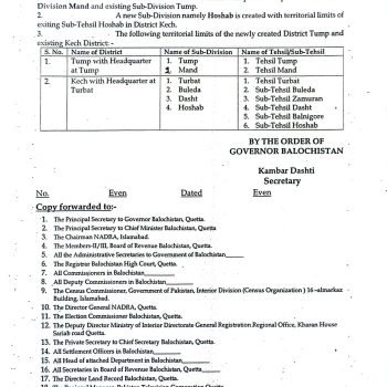Creation of Tump District and Hoshab Sub-Division