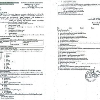 Creation of Upper Dera Bugti District and Reorganization of Sub-Divisions
